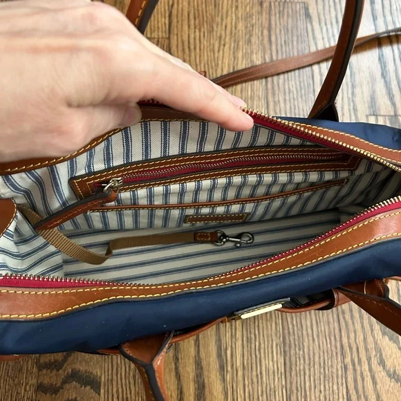 Dooney & Bourke Blue and Brown Satchel with Leather Accents - Picture 4 of 9